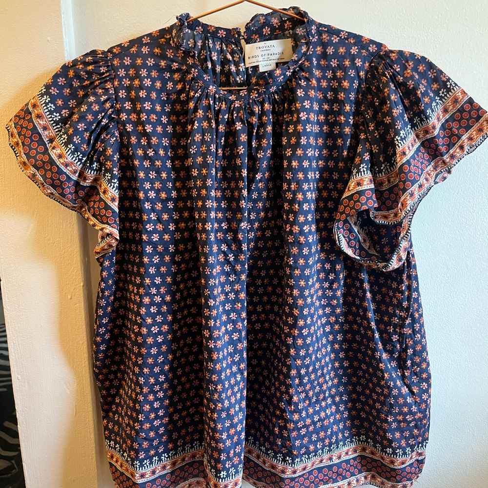 Trovata Blue Flutter Sleeve Ruffled Blouse